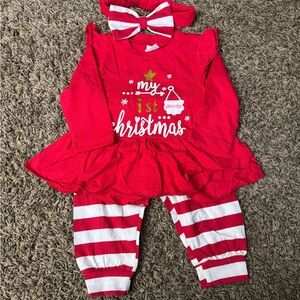 Red "My 1st Christmas" Baby Outfit with Striped Leggings & Headband